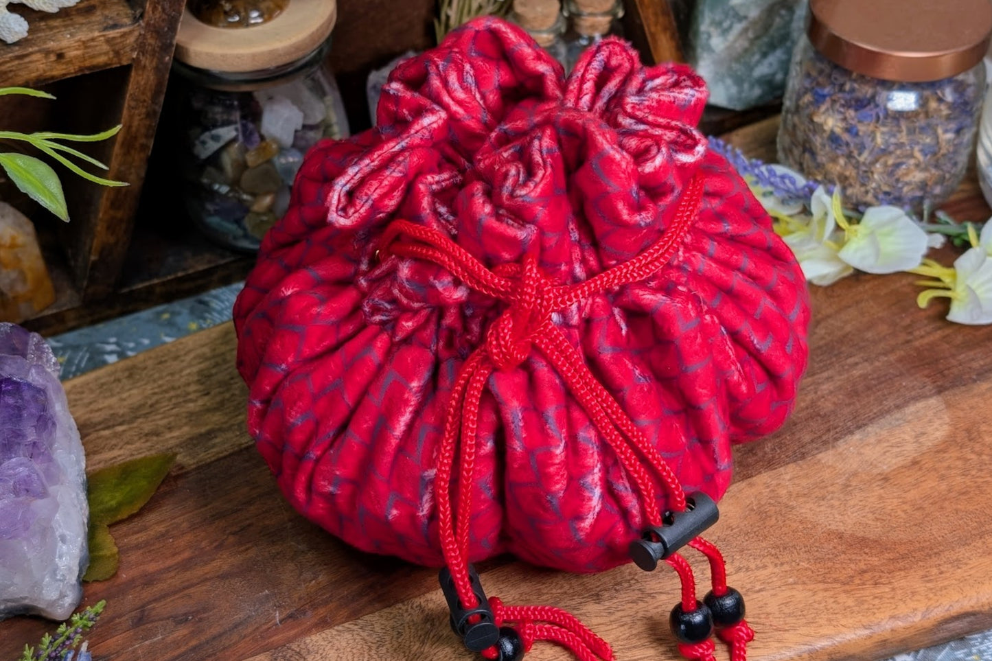 Velvet Drawstring Compartment Bag - Red Dragon Scale