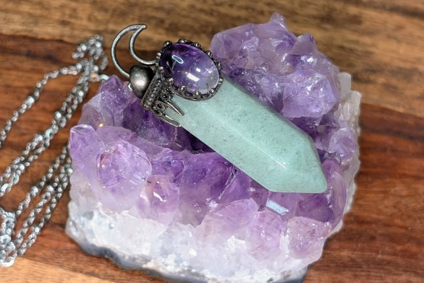 Green Aventurine Point with Amethyst Moon Top Necklace