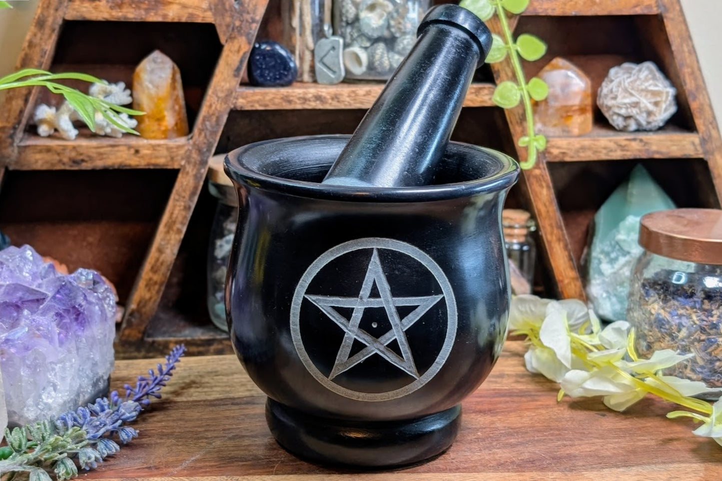 Soapstone Black Pentacle Cauldron Style Mortar & Pestle