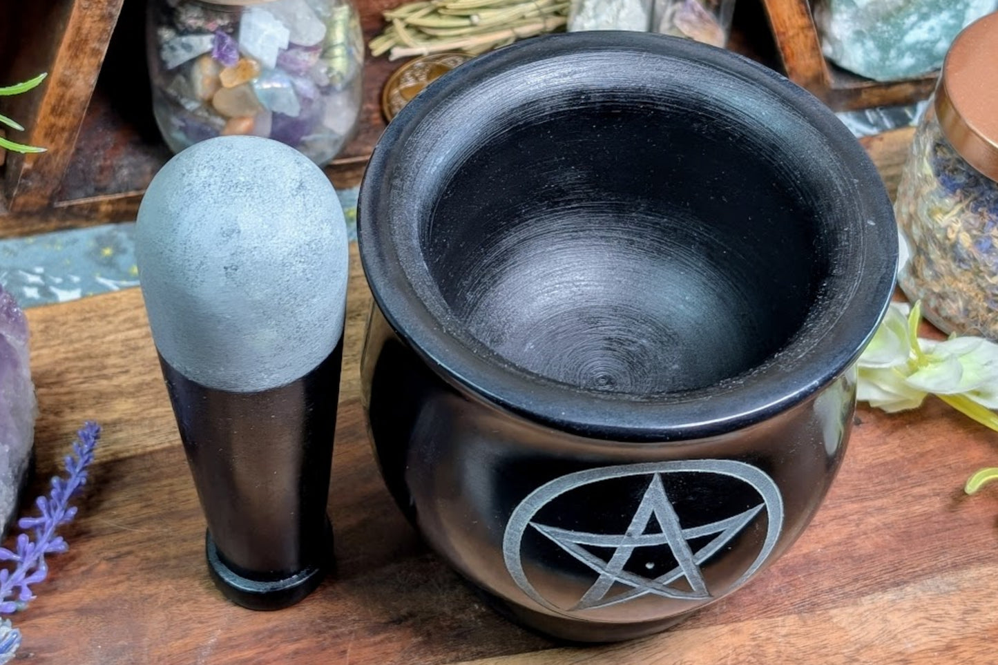 Soapstone Black Pentacle Cauldron Style Mortar & Pestle